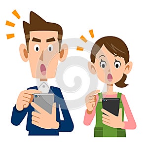 A young couple operating a smartphone with a noticed face