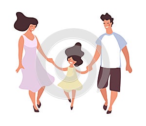 Young couple of parents holding hands and walking with daughter, flat cartoon vector isolated on white background