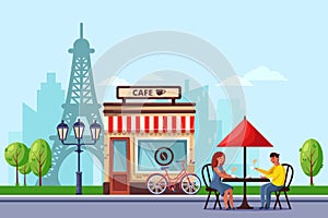 Young couple in Paris street cafe vector flat illustration. Man and woman drinking coffee on romantic dating.