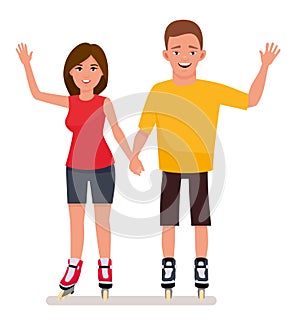 Young couple in park ride rollerblades isolated in a white background. Summer vacation. Cartoon vector character