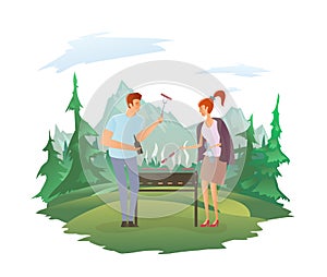Young couple on picnic or Bbq party in mountain landscape. Man and woman cooking steaks and sausages on grill. Vector