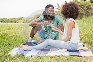 Young couple on a picnic drinking wine