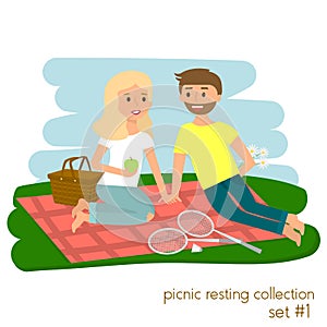 Young couple on picnic together. Family picnic vacation. Summer happy lifestyle park outdoors. Vector illustration.