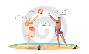 Young couple play beach volleyball. Man and woman enjoy active summer game at sea resort