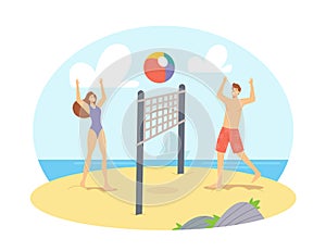 Young Couple Playing Beach Volleyball on Sea Shore Throw Ball to Each Other. Happy Family Wife and Husband Leisure