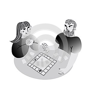 A young couple plays board games at home. Black and white graphics. Vector
