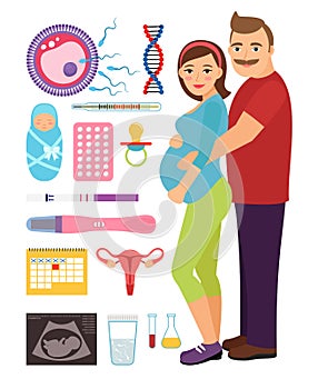 Young couple during pregnancy vector illustration. Problem and treatment of infertility, conceiving child maternity flat
