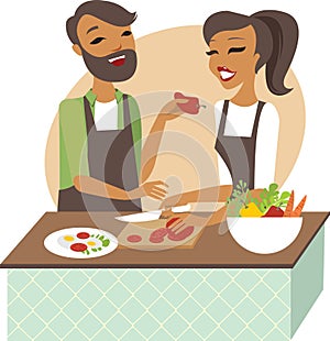 Young couple preparing meal together