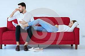 Young couple with problem of foot odor and bad smell,Unpleasant snuff stink photo