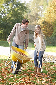 Young couple raking autumn leaves