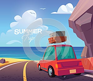 Young couple in red car on summer trip vector illustration