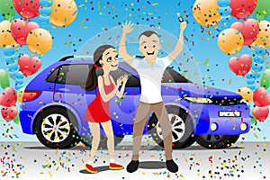 Young couple rejoices to a new car.