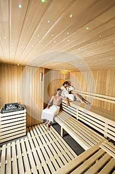 Young couple relaxing in the sauna