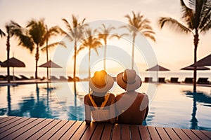 young couple relaxing in tropical resort swimming pool and enjoying the sunset. romantic summer vacation