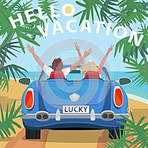 Young couple in retro cabriolet car on beach