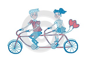 Young couple riding tandem bicycle. Dating.