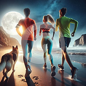 Young couple runners on beach shore landscape at night