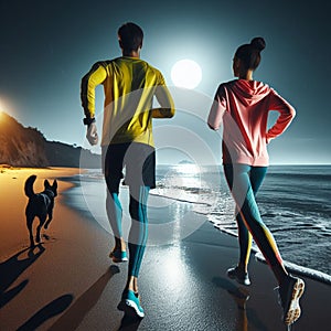 Young couple runners on beach shore landscape at night