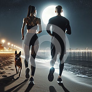 Young couple runners on beach shore landscape at night