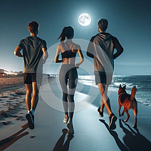 Young couple runners on beach shore landscape at night