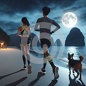 Young couple runners on beach shore landscape at night