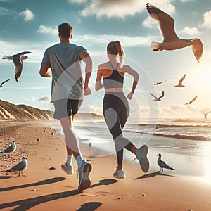 Young couple runners on sunny day in beach shore landscape