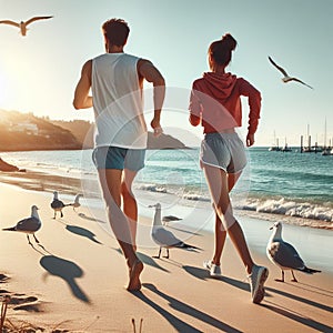 Young couple runners on sunny day in beach shore landscape