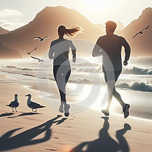 Young couple runners on sunny day in beach shore landscape