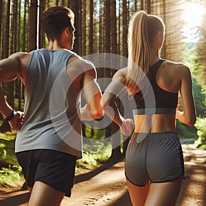 Young couple runners on sunny day in forest landscape