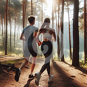 Young couple runners on sunny day in forest landscape