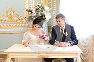 Young couple signing wedding contract