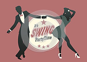 Young couple silhouette dancing swing, lindy hop or rock and roll photo
