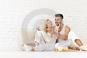 Young Couple Sit Floor, Hispanic Man Woman Using Tablet Computer Credit Card Online Payment Lovers Bedroom