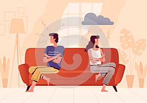 A young couple sits on opposite sides of the couch and quarrels. People spend time at home. The psychological concept of