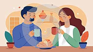 A young couple sits at a table enjoying a quiet breakfast of warm conchas and caf de olla their love radiating in the photo