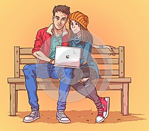 Young couple sitting on a bench and listen to music