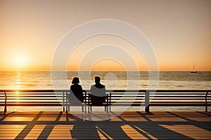 Young couple sitting on the pier by the lake during sunset. A man and a woman, embracing, look at the sun, generative ai