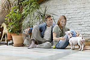 Young couple sitting at rustic living room floor and playing with dog