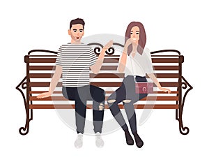 Young couple sitting together on street bench and talking. Happy man and woman in love isolated on white background. Boy