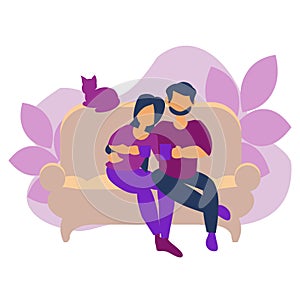 Young couple sitting on yellow sofa with cat Flat vector illustration