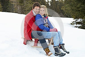 Young Couple On A Sled In Alpine Snow Scene