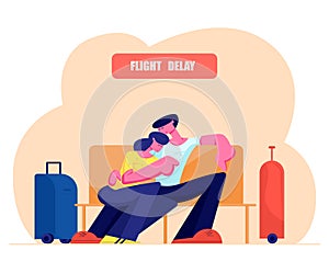 Young Couple Sleeping Hugging on Bench with Luggage Bags Stand nearby in Airport Waiting Area, Flight Delay, Waiting for Airplane