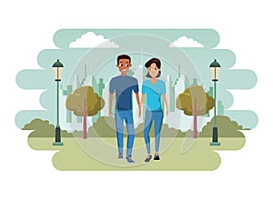 Young couple smiiling and walking cartoon