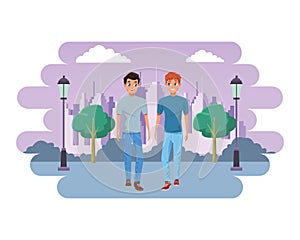 Young couple smiiling and walking cartoon