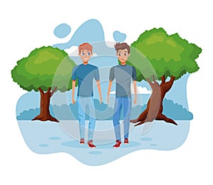 Young couple smiiling and walking cartoon