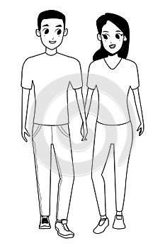 Young couple smiiling and walking cartoon in black and white