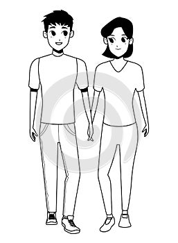 Young couple smiiling and walking cartoon in black and white