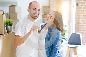 Young couple smiling very happy showing keys of new home, moving and buying new apartmet concept