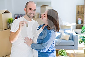 Young couple smiling very happy showing keys of new home, moving and buying new apartmet concept