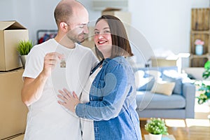 Young couple smiling very happy showing keys of new home, moving and buying new apartmet concept